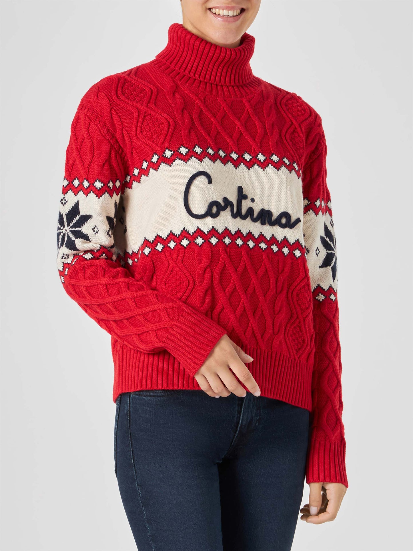 Maglione da donna mezzo dolcevita con scritta Cortina