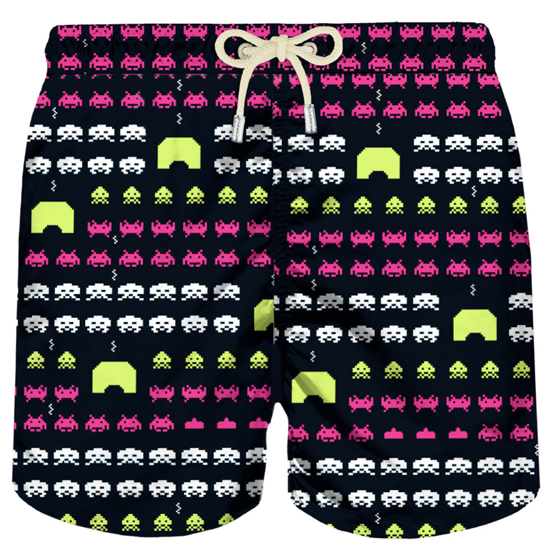 Man light fabric swim shorts with space print