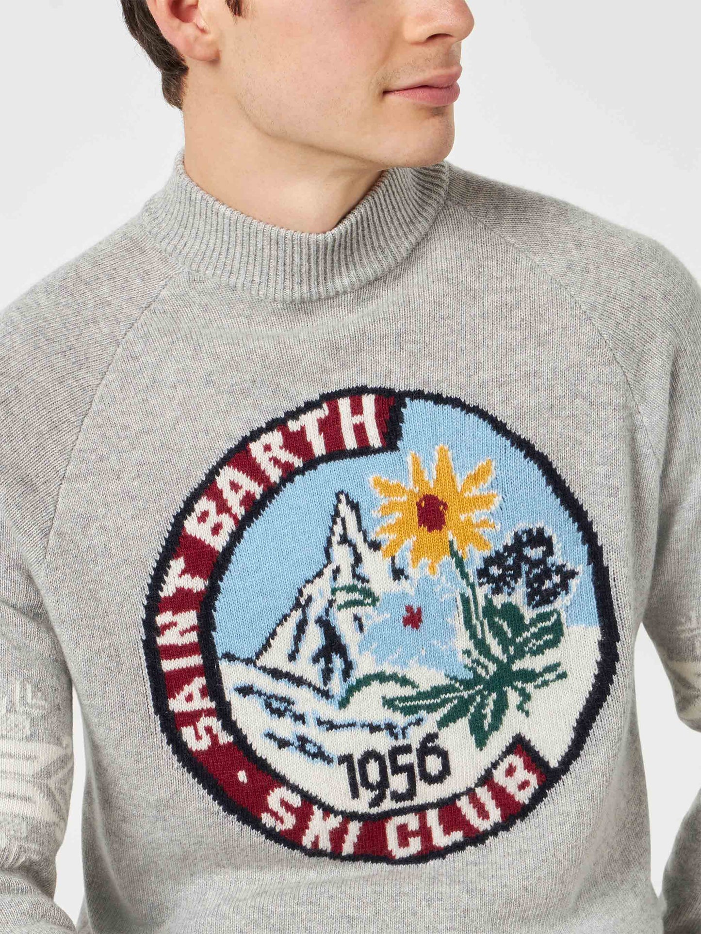 Maglione da uomo mezzo collo grigio con stampa