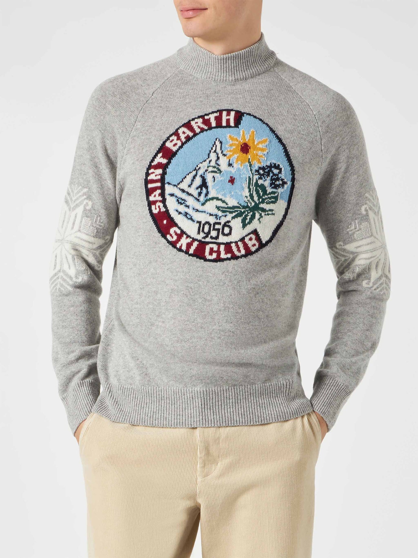 Maglione da uomo mezzo collo grigio con stampa