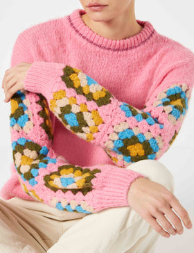 Woman ultra soft crewneck sweater with handmade crochet sleeves - MC2 Saint Barth