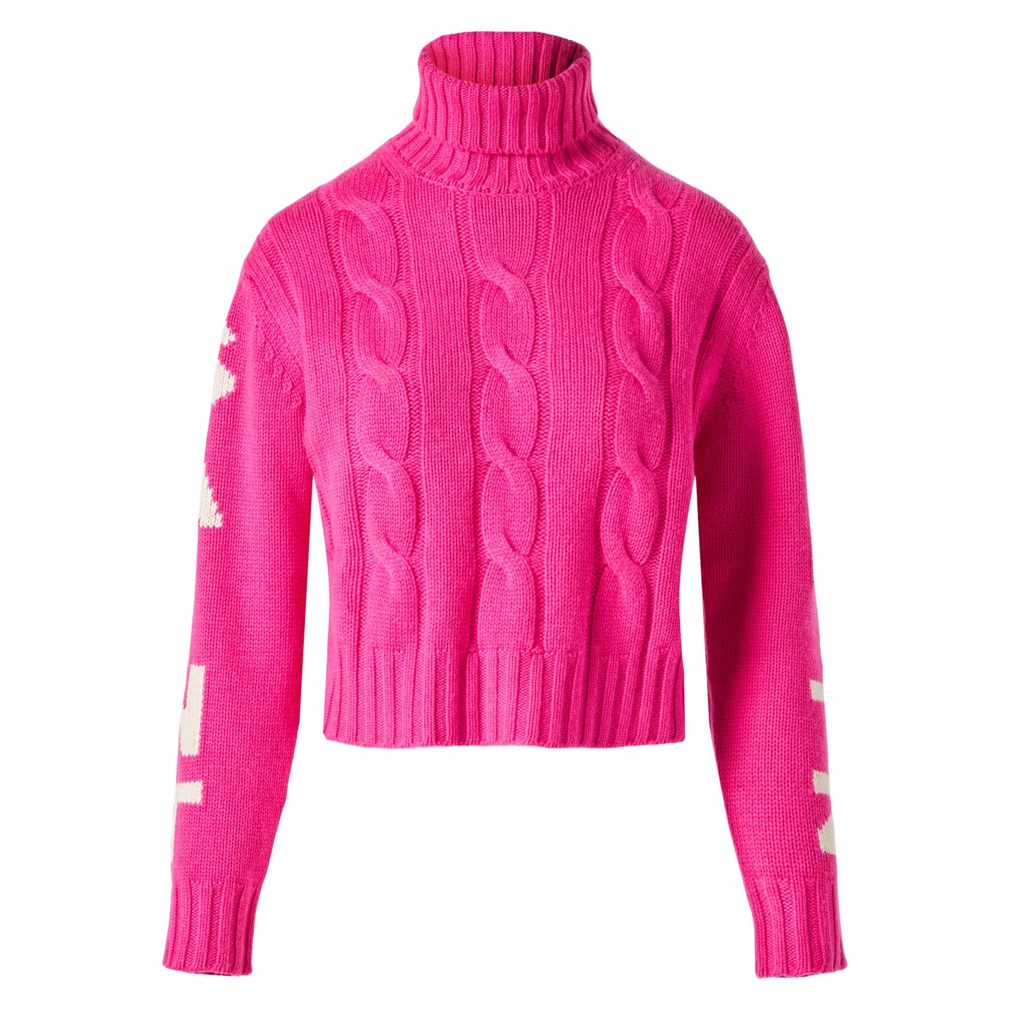 Woman fluo pink turtleneck braided sweater