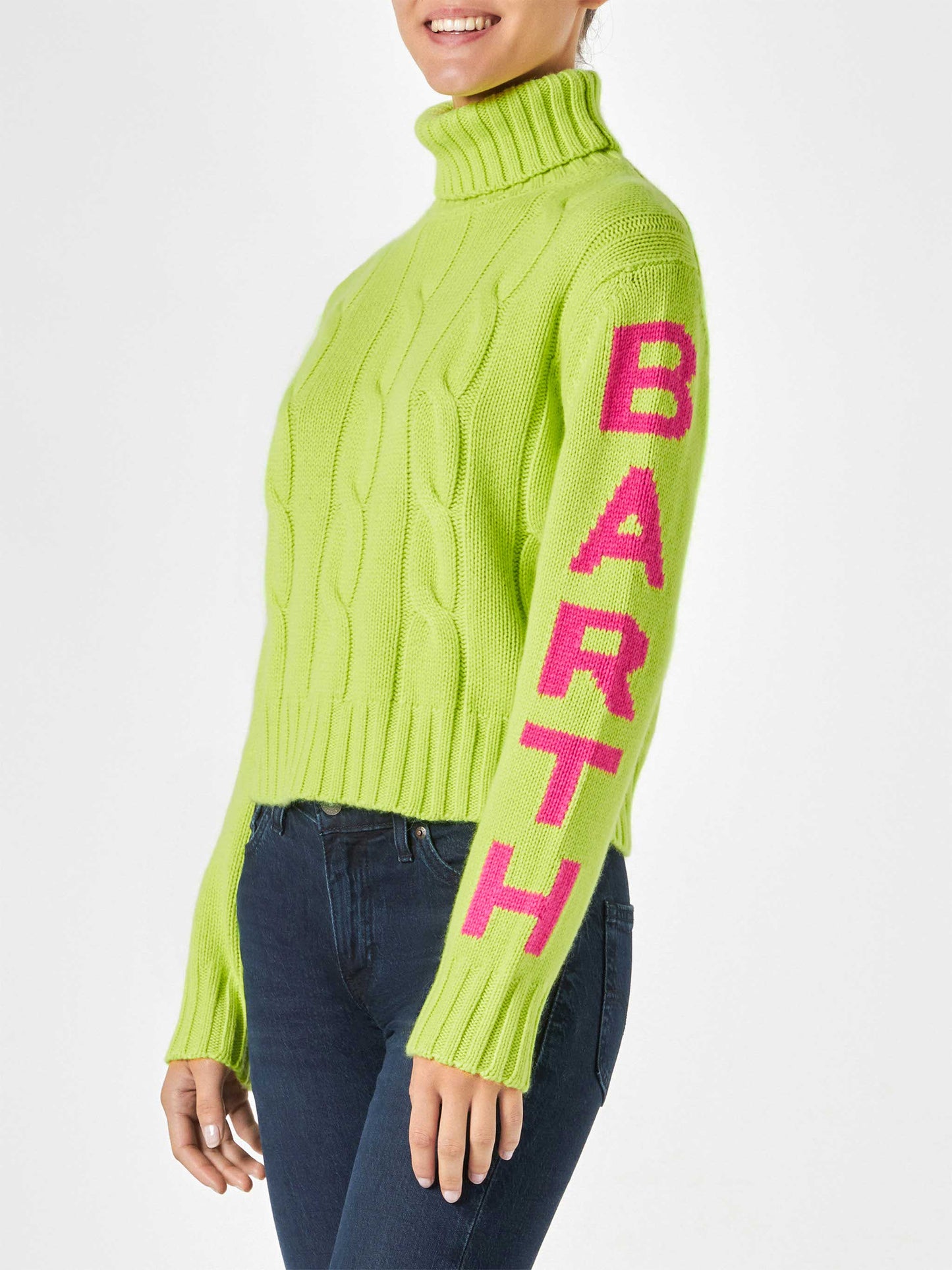 Rollkragenpullover mit geflochtenem Rollkragenpullover für Damen in Neongelb