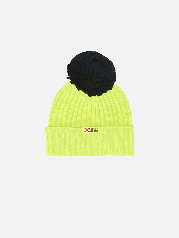 Cappello in Cashmere misto da bambino giallo fluo ricamo Off Piste