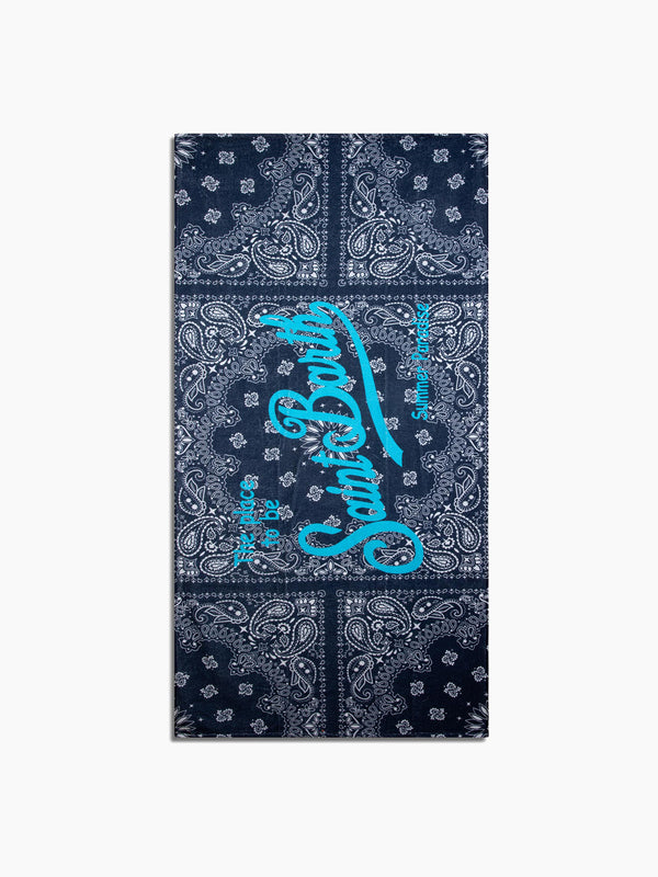 soft terry beach towel with blue bandanna print