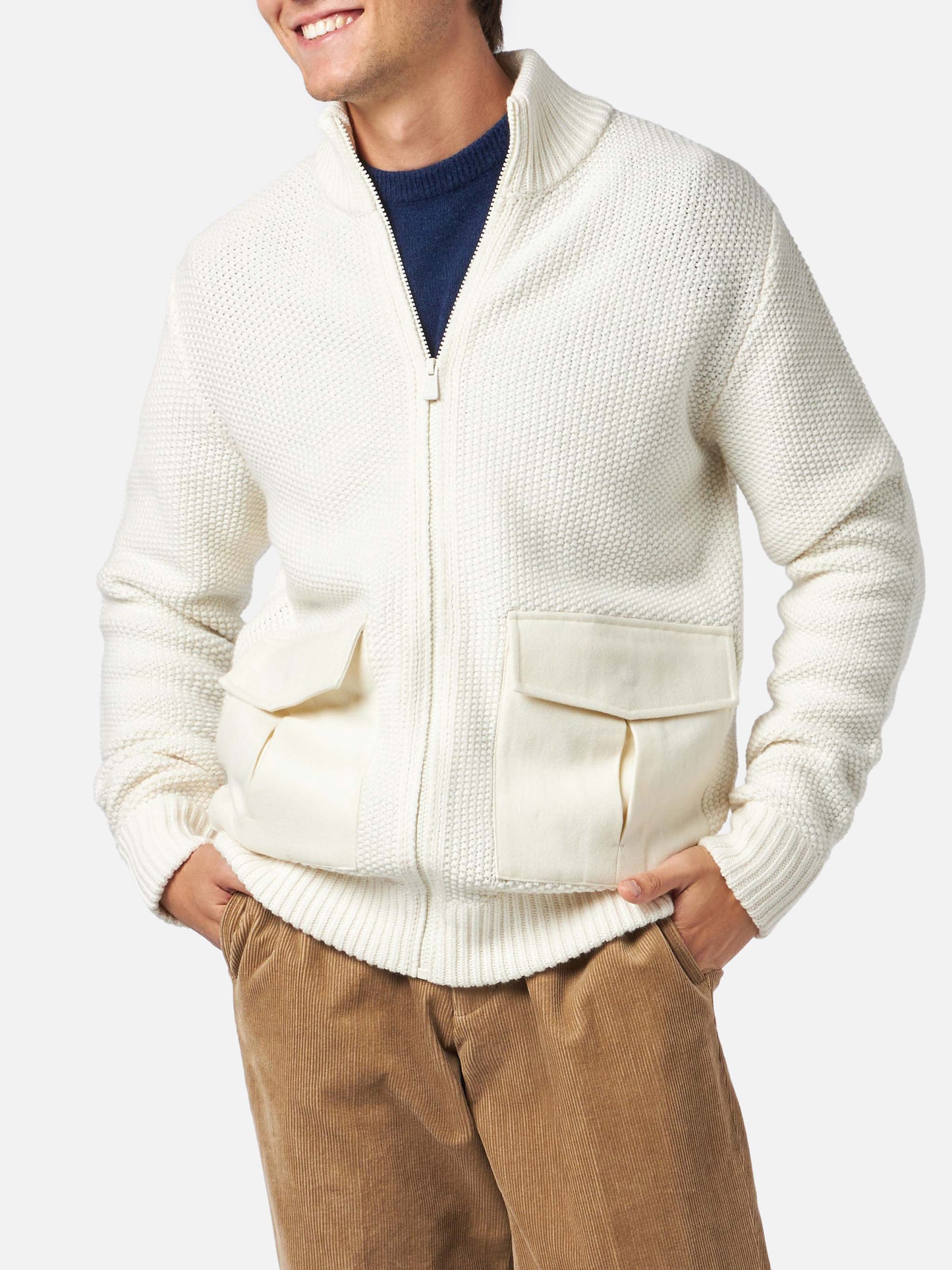 Man knitted bomber with felt pockets