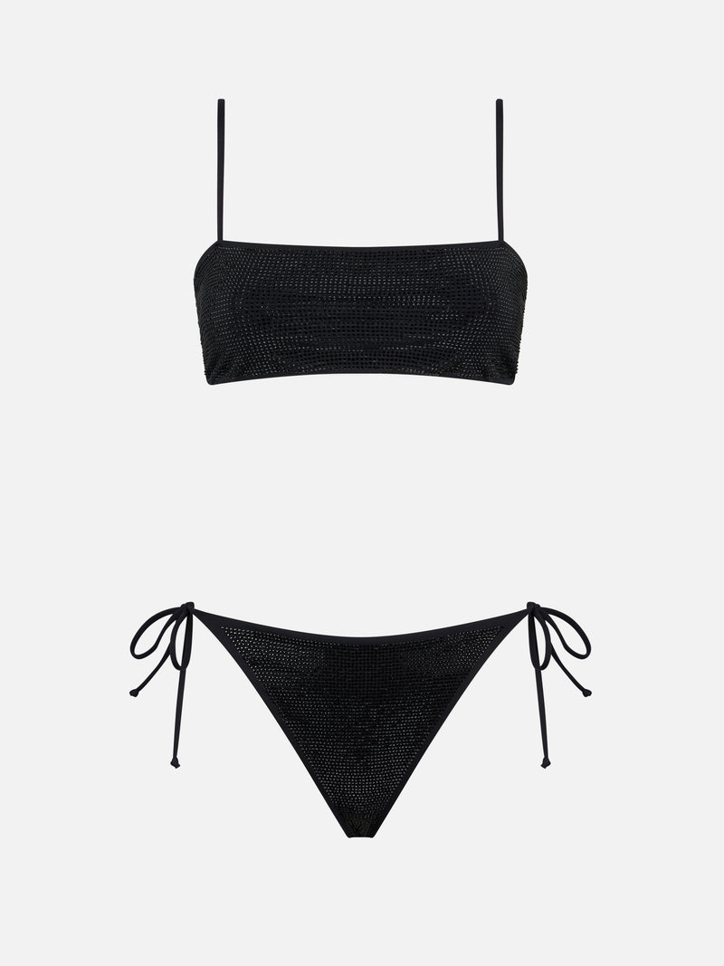 Schwarzer Bandeau-Bikini für Damen mit Strasssteinen