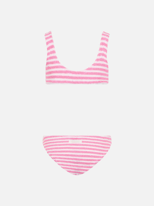 Bikini classico crinkle da bambina a righe rosa Baker