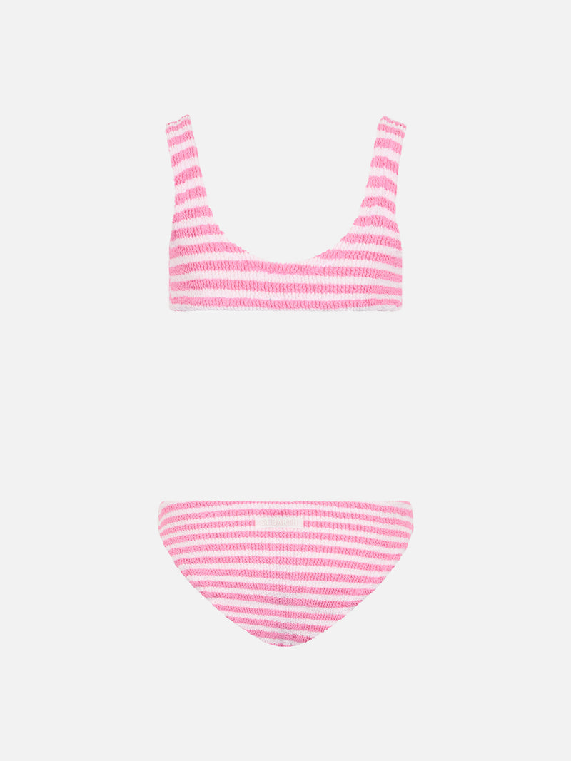 Bikini classico crinkle da bambina a righe rosa Baker