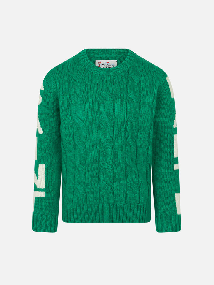 Boy green cable knit sweater Bergen Jr with Saint Barth jacquard