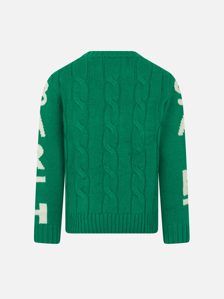 Boy green cable knit sweater Bergen Jr with Saint Barth jacquard