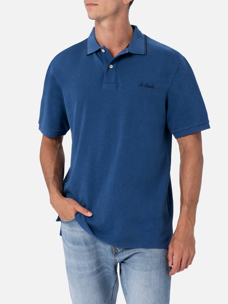 Polo da uomo in piquet di cotone blu denim Beverly Hills