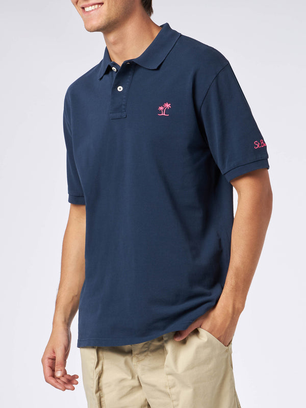 Polo da uomo in piquet blu con logo St. Barth ed effetto vintage