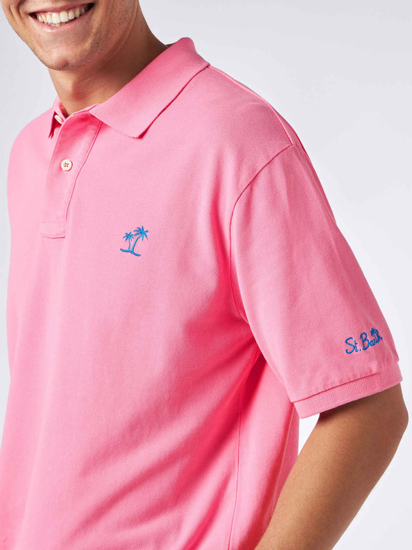 Polo da uomo in piquet rosa con logo St. Barth ed effetto vintage