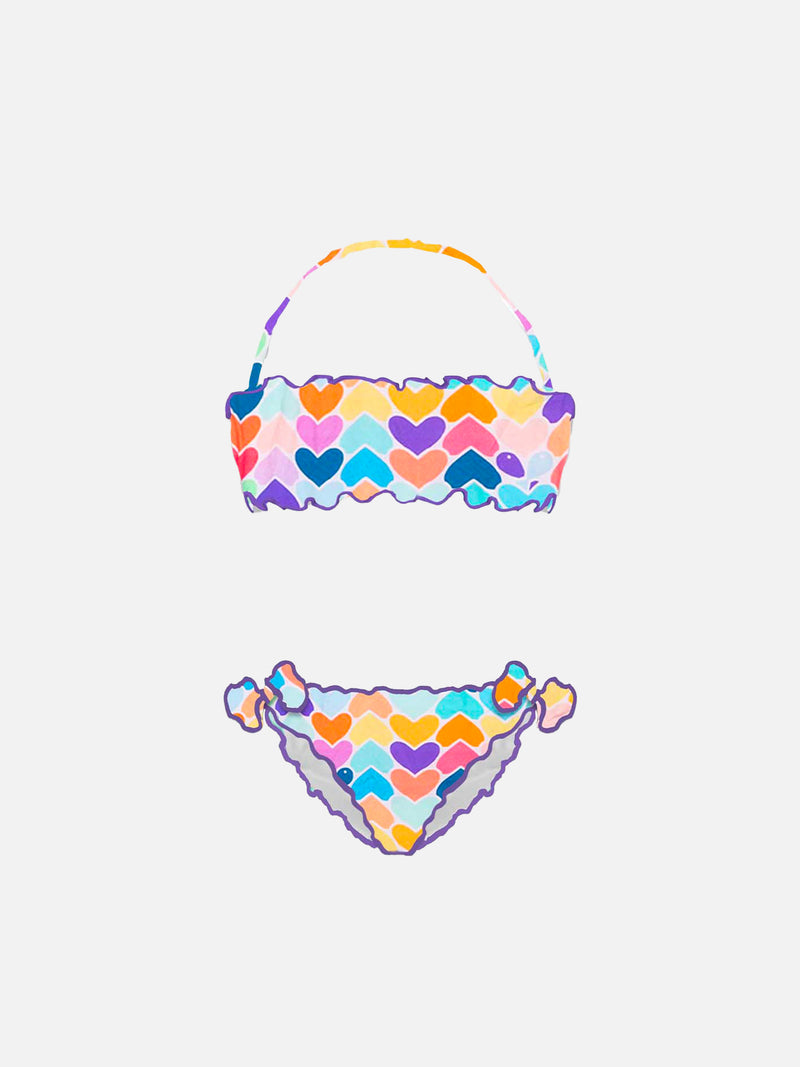 Girl bandeau bikini with multicolor hearts print