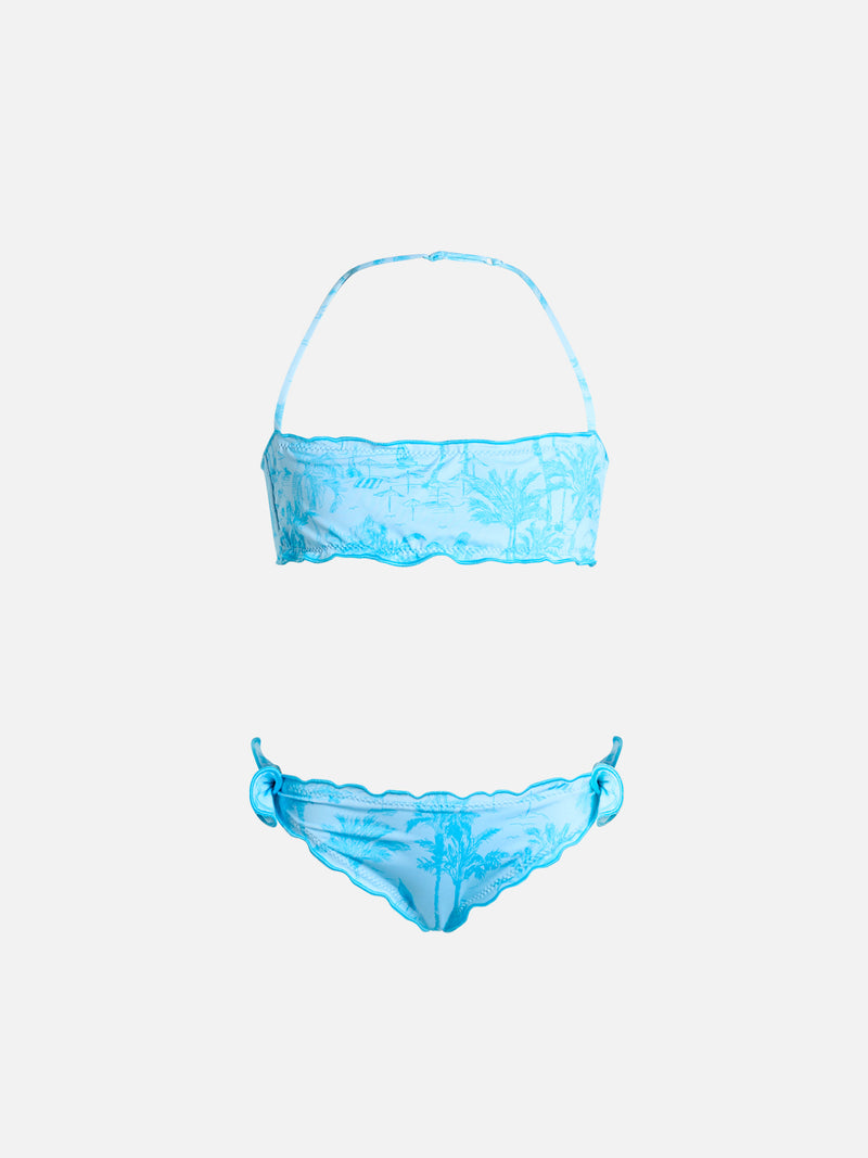 Klassischer Bandeau-Bikini für Mädchen Emy mit Toile de Jouy-Print