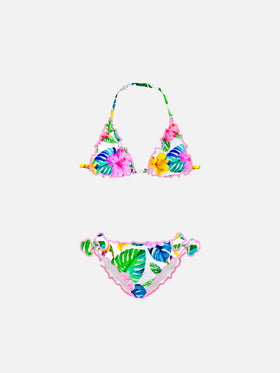 Girl triangle bikini with tropical print
