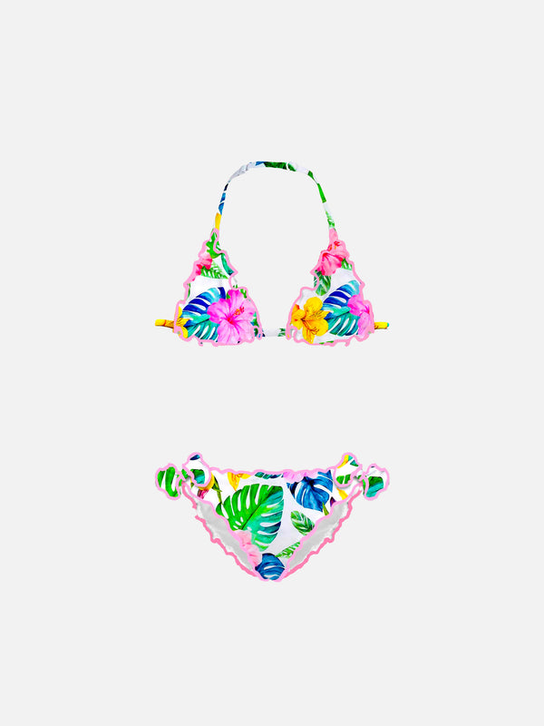 Bikini da bambina a triangolo con stampa tropicale