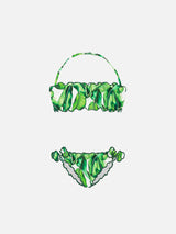 Girl bandeau bikini with banana leaves print