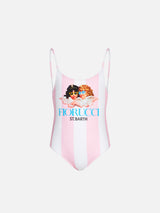 Costume intero da bambina a righe con stampa Angeli Fiorucci | FIORUCCI EDIZIONE SPECIALE