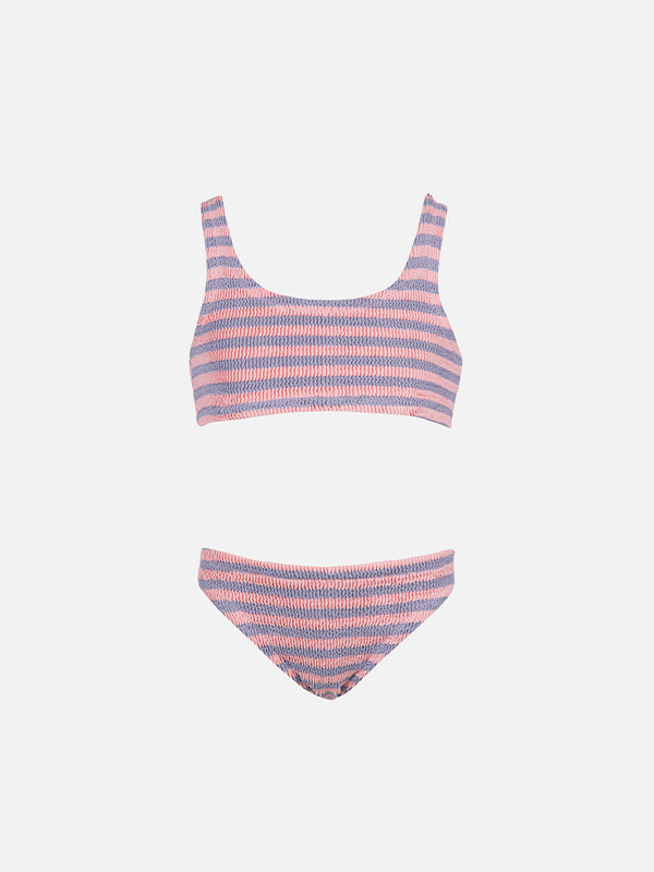 Classico bikini crinkle da bambina a righe rosa e lilla Baker