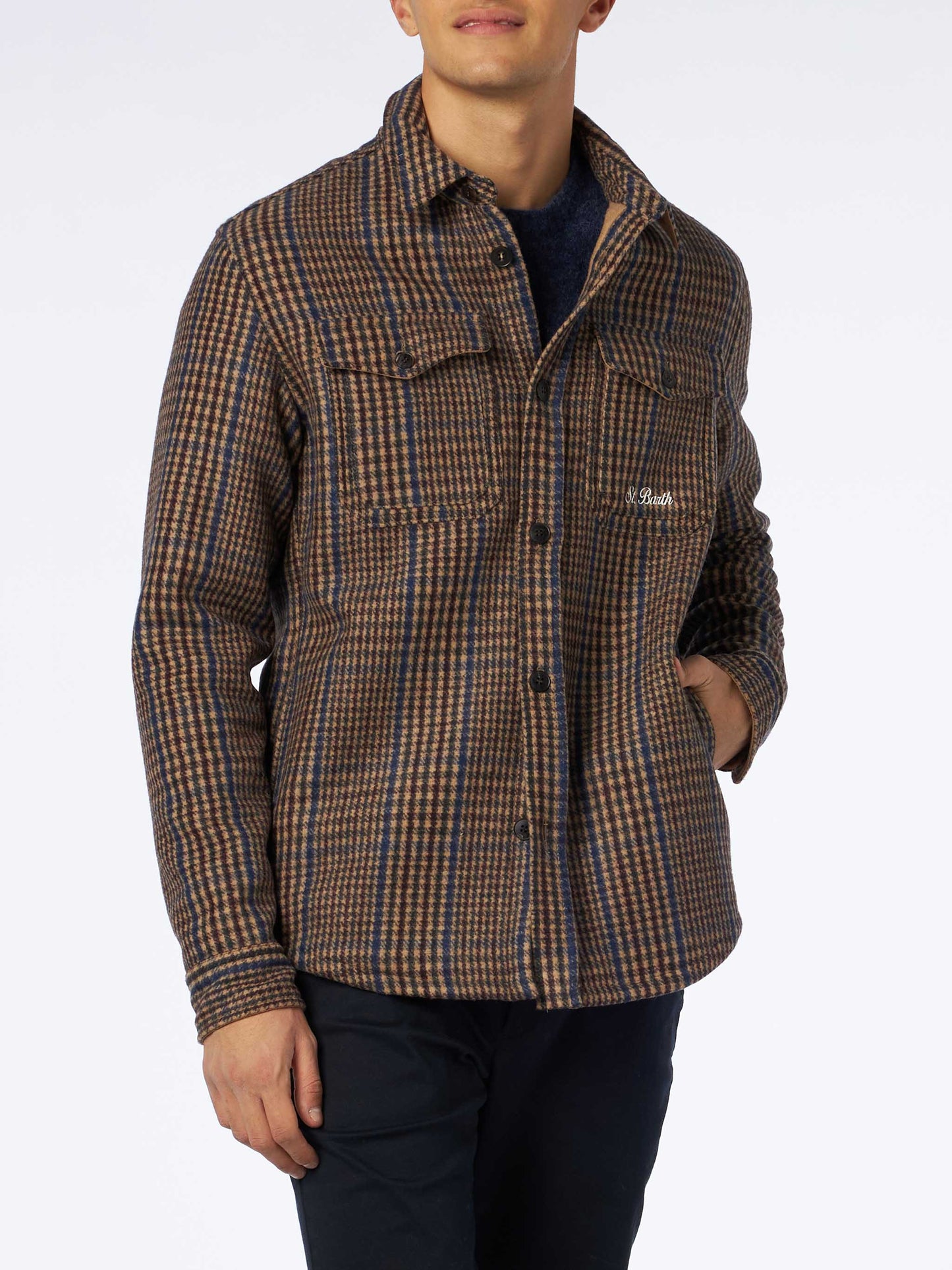 Man wooly Prince of Wales overshirt with pockets and patches - MC2 Saint Barth