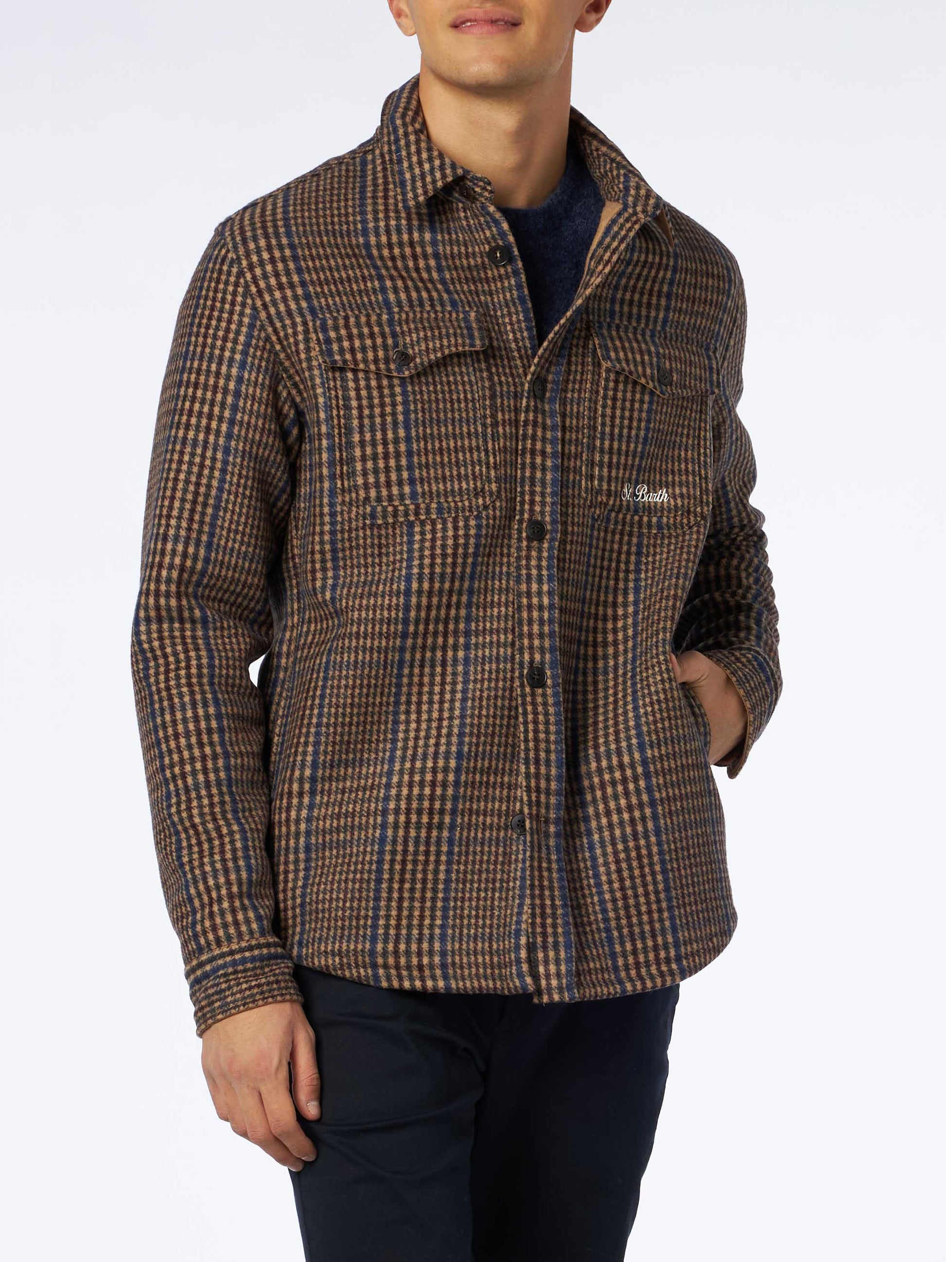 Man wooly Prince of Wales overshirt with pockets and patches - MC2 Saint Barth