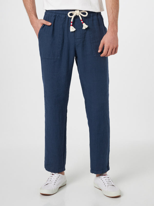 Pantaloni da uomo Calais in lino blu navy con coulisse