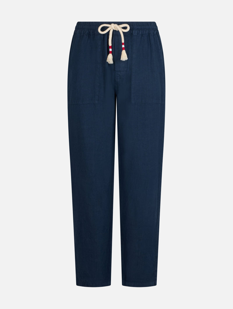 Man navy blue linen Calais pants with drawstring