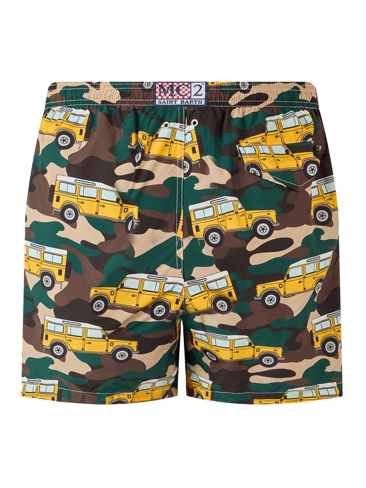Man lightweight fabric swim-shorts Lighting with off-road car print