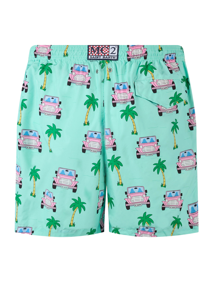 Man lightweight fabric swim-shorts Lighting with off-road car print