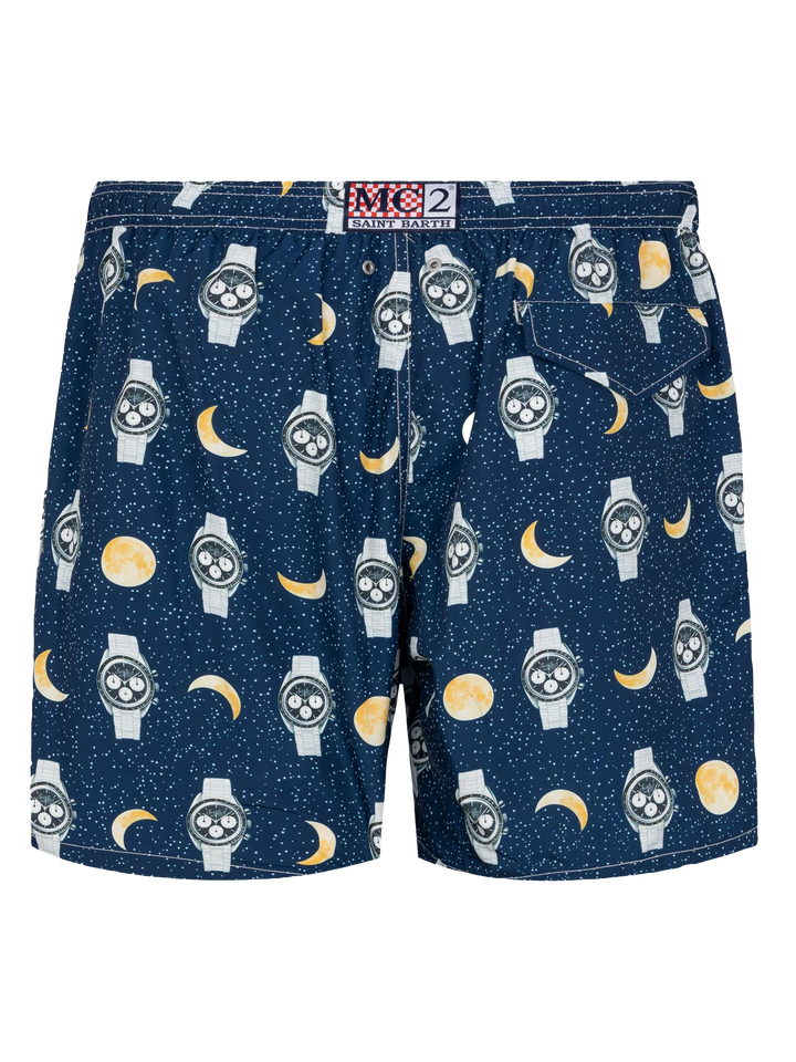 Lightweight fabric swim-shorts Lighting with watches and moon print