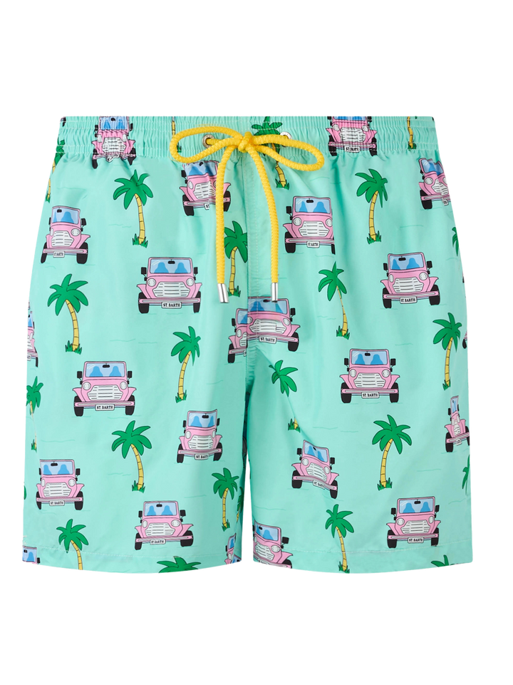 Man lightweight fabric swim-shorts Lighting with off-road car print