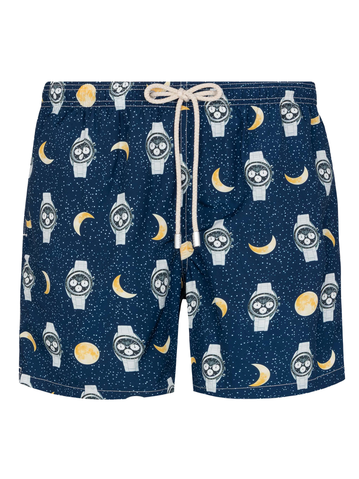 Lightweight fabric swim-shorts Lighting with watches and moon print
