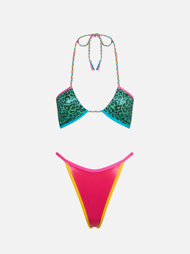 Bikini a fascia verde leopardata con piping