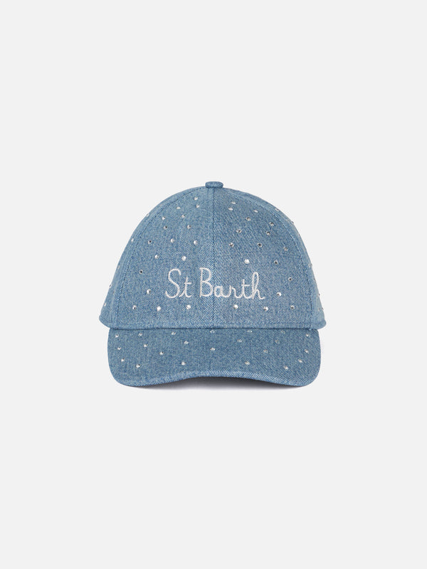 Denim rhinestones embellished ball cap Davis