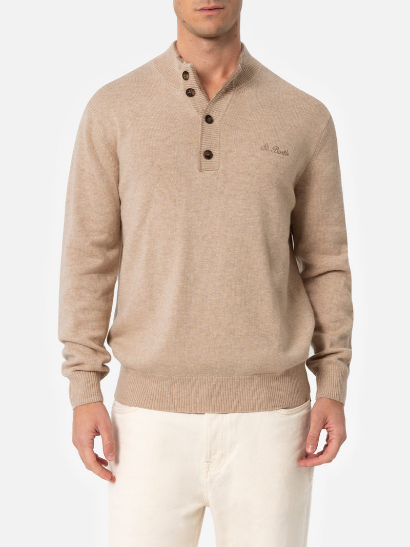 Maglione polo da uomo beige in misto cashmere Dorian