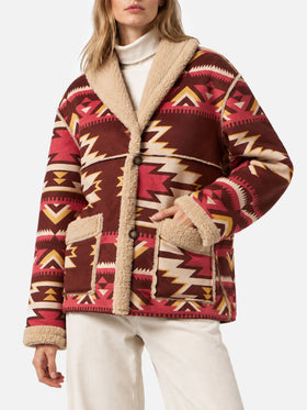 Beige Dorys reversible shearling coat with ethnic pattern