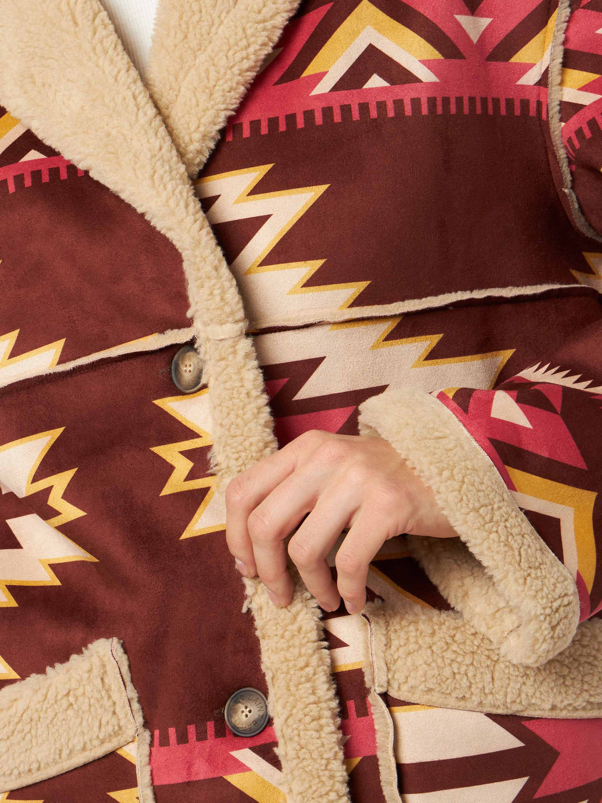 Beige Dorys reversible shearling coat with ethnic pattern