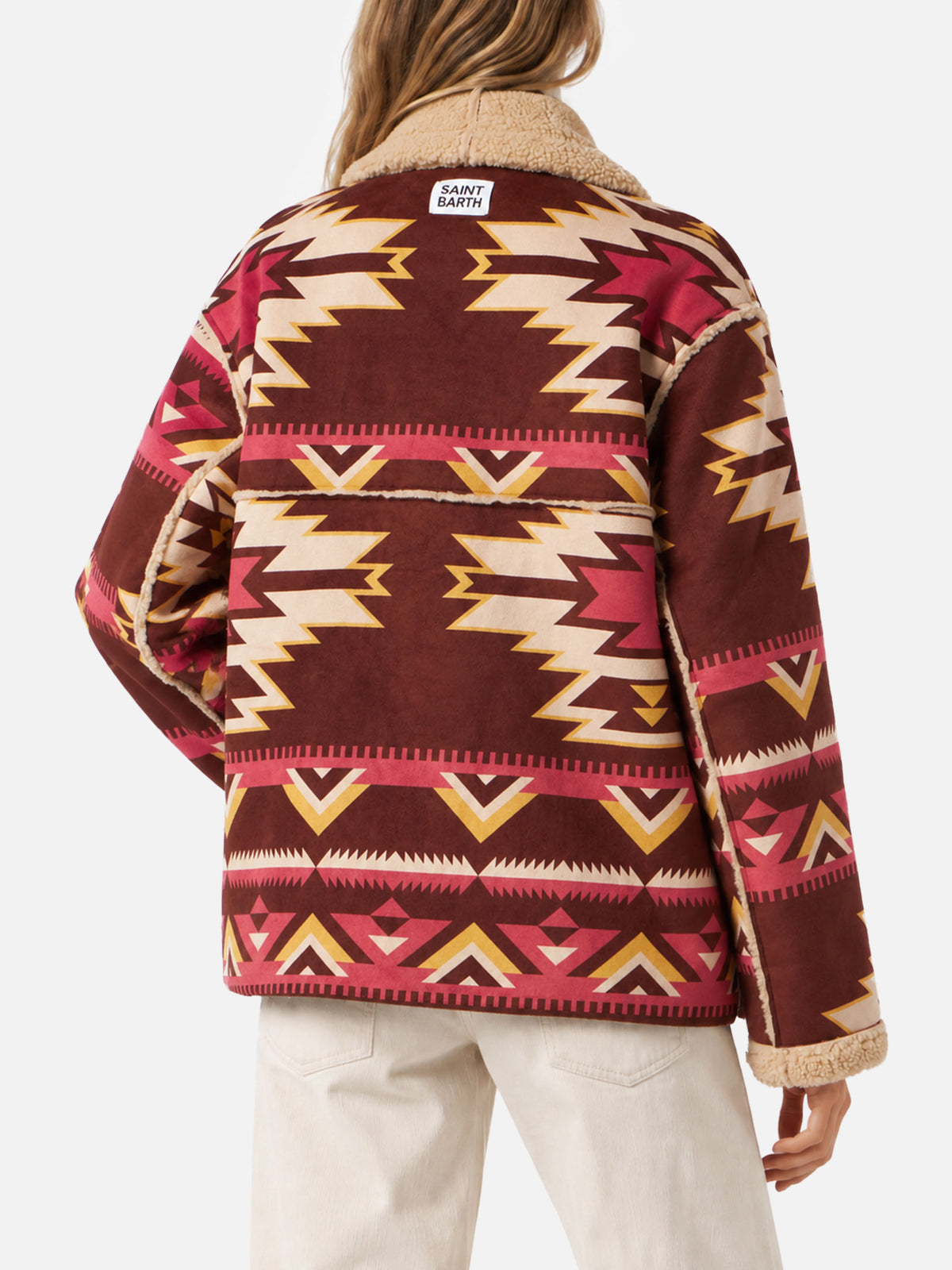 Beige Dorys reversible shearling coat with ethnic pattern