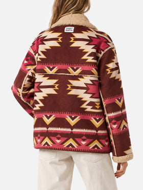 Beige Dorys reversible shearling coat with ethnic pattern