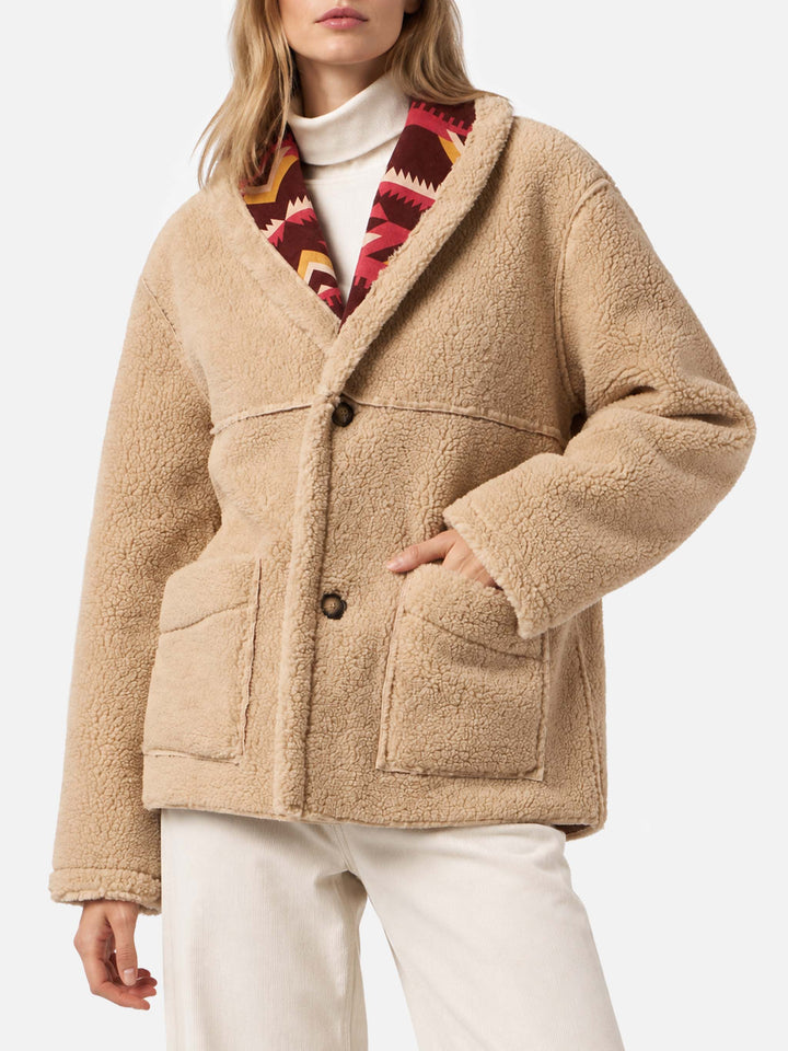 Manteau réversible en shearling Dorys beige avec motif ethnique 
