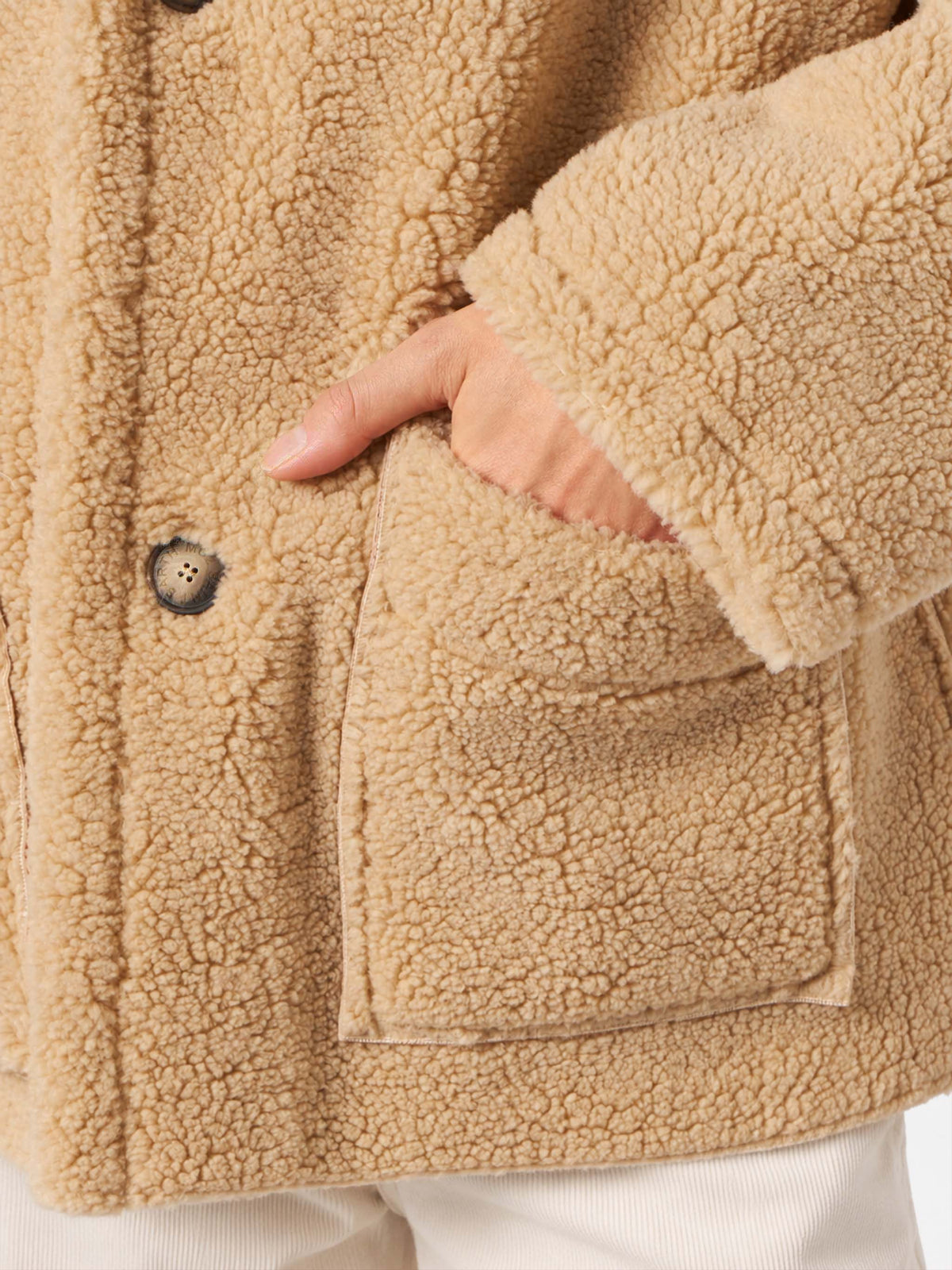 Beige Dorys reversible shearling coat with ethnic pattern