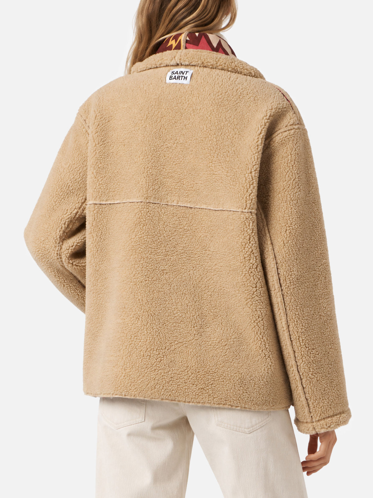 Beige Dorys reversible shearling coat with ethnic pattern