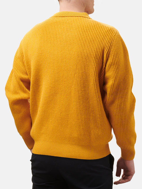 Maglione da uomo Downing in misto cashmere ocra a coste con collo polo