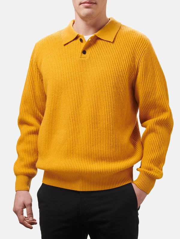 Maglione da uomo Downing in misto cashmere ocra a coste con collo polo