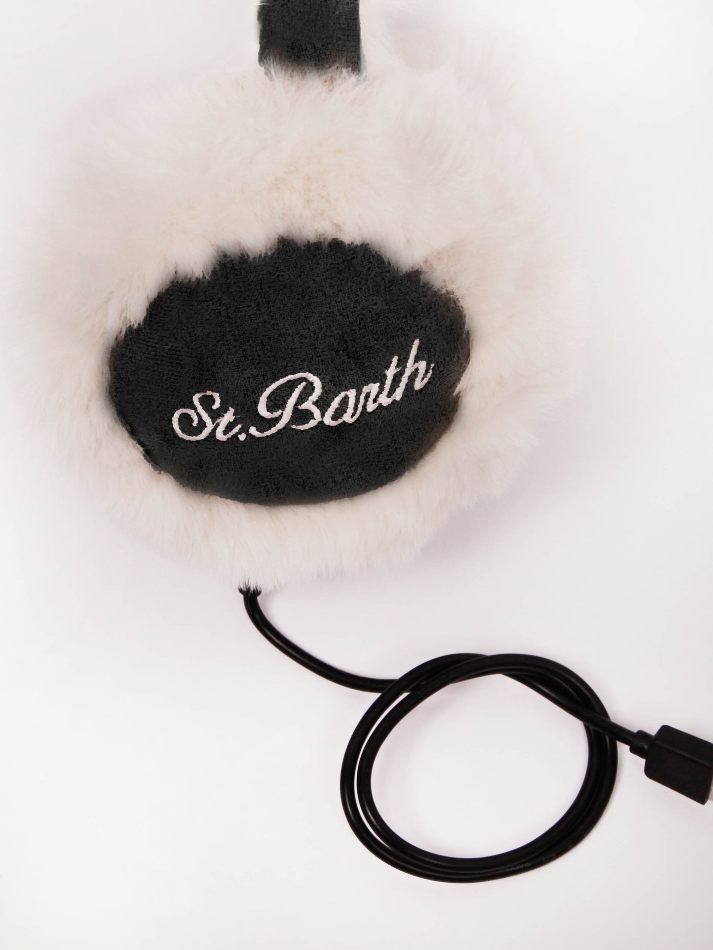 Paraorecchie da donna in pelle scamosciata nera con dettagli in pelliccia e speaker wireless