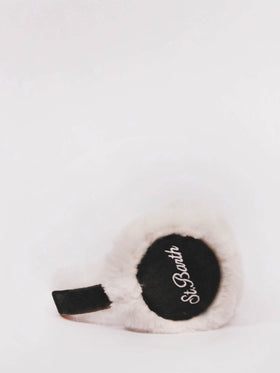 Paraorecchie da donna in pelle scamosciata nera con dettagli in pelliccia e speaker wireless
