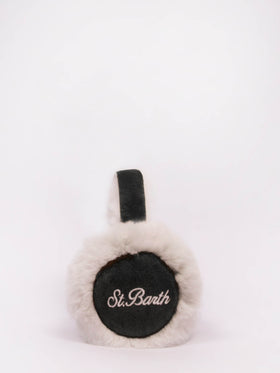 Paraorecchie da donna in pelle scamosciata nera con dettagli in pelliccia e speaker wireless