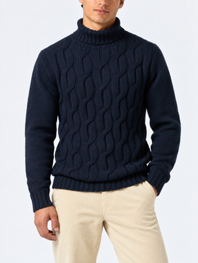 Navy blue Fisherman cable knit turtleneck sweater